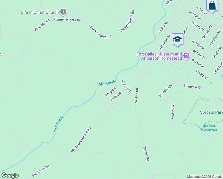 map of restaurants, bars, coffee shops, grocery stores, and more near 2511 Jordan Street in The Dalles