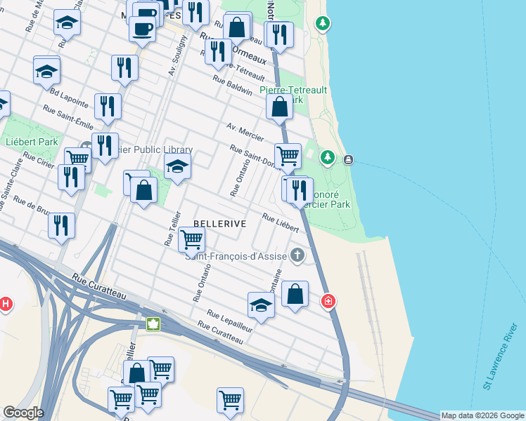 map of restaurants, bars, coffee shops, grocery stores, and more near 1829 Rue Liébert in Montréal