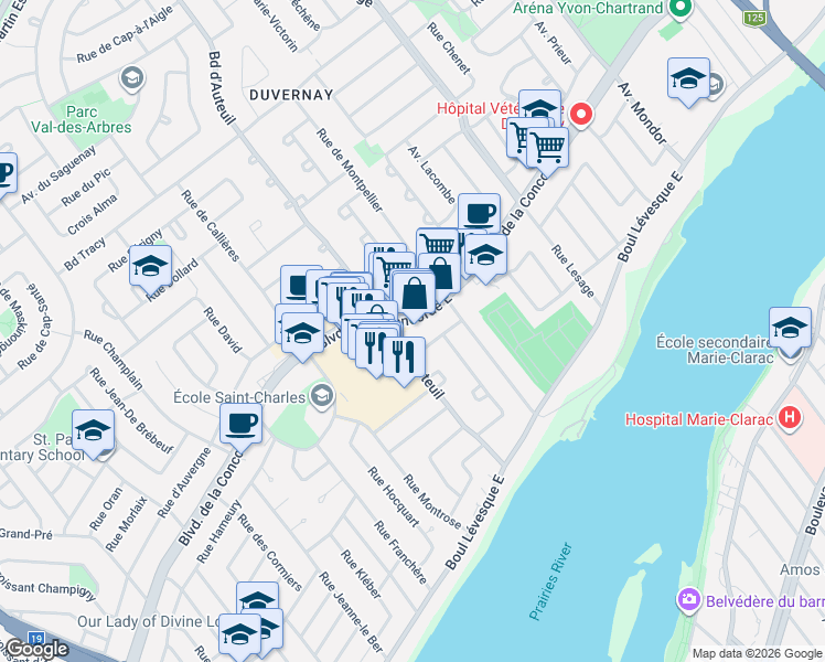 map of restaurants, bars, coffee shops, grocery stores, and more near 3350 Boulevard de la Concorde Est in Laval