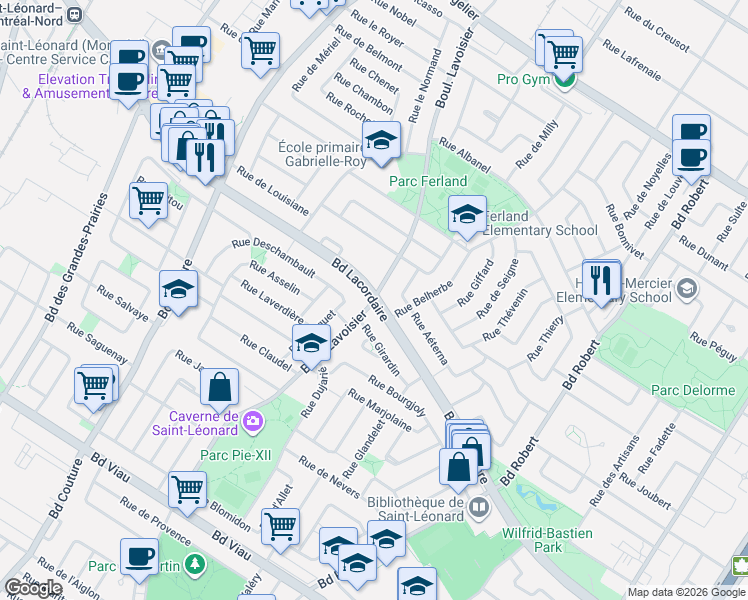 map of restaurants, bars, coffee shops, grocery stores, and more near Boulevard Lacordaire in Montréal