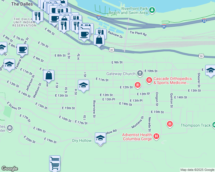 map of restaurants, bars, coffee shops, grocery stores, and more near 1431 East 12th Street in The Dalles