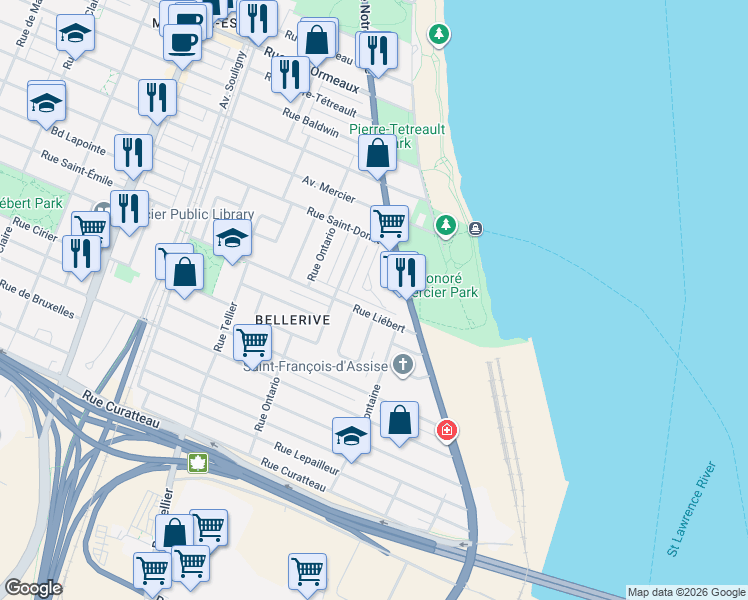 map of restaurants, bars, coffee shops, grocery stores, and more near 8215 Rue Joséphine-Marchand in Montréal