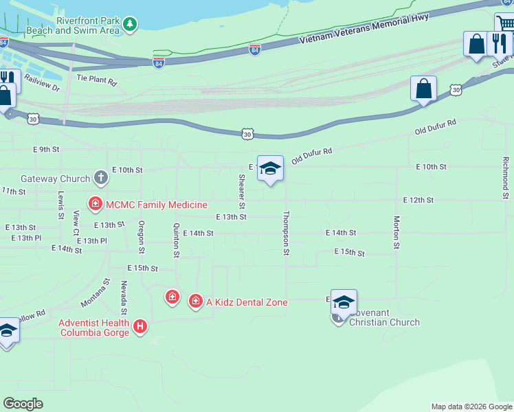 map of restaurants, bars, coffee shops, grocery stores, and more near 2206 East 13th Street in The Dalles