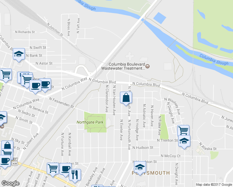 map of restaurants, bars, coffee shops, grocery stores, and more near 9722 North Van Houten Avenue in Portland