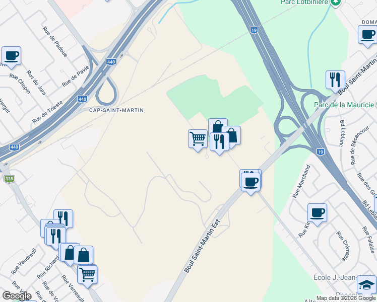 map of restaurants, bars, coffee shops, grocery stores, and more near 1672 Place de Lierre in Laval
