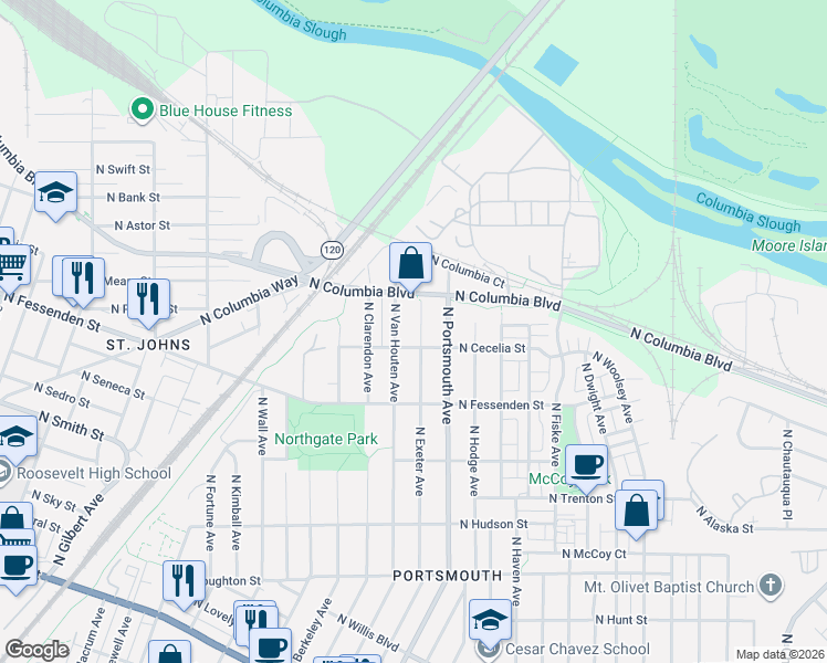 map of restaurants, bars, coffee shops, grocery stores, and more near 9635 North Exeter Avenue in Portland