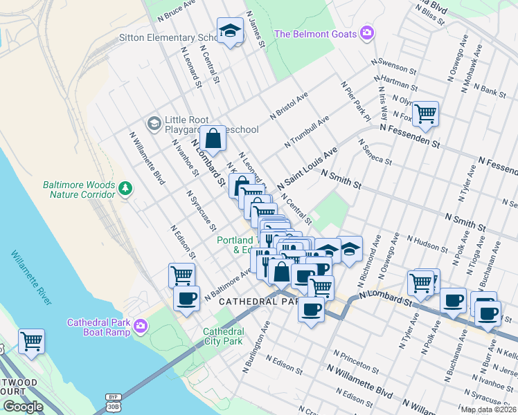 map of restaurants, bars, coffee shops, grocery stores, and more near 9011 North Lombard Street in Portland