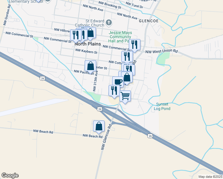 map of restaurants, bars, coffee shops, grocery stores, and more near 30945 Northwest Highland Court in North Plains