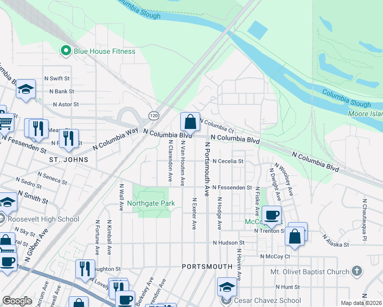 map of restaurants, bars, coffee shops, grocery stores, and more near 9725 North Exeter Avenue in Portland