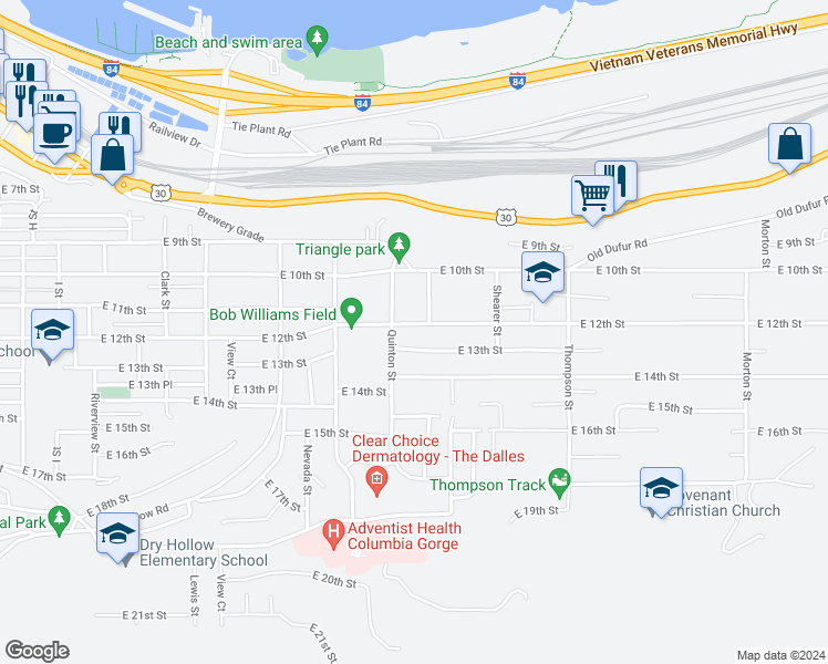 map of restaurants, bars, coffee shops, grocery stores, and more near 1910 East 12th Street in The Dalles