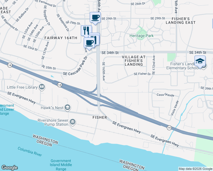 map of restaurants, bars, coffee shops, grocery stores, and more near 16505 Southeast Fisher Drive in Vancouver