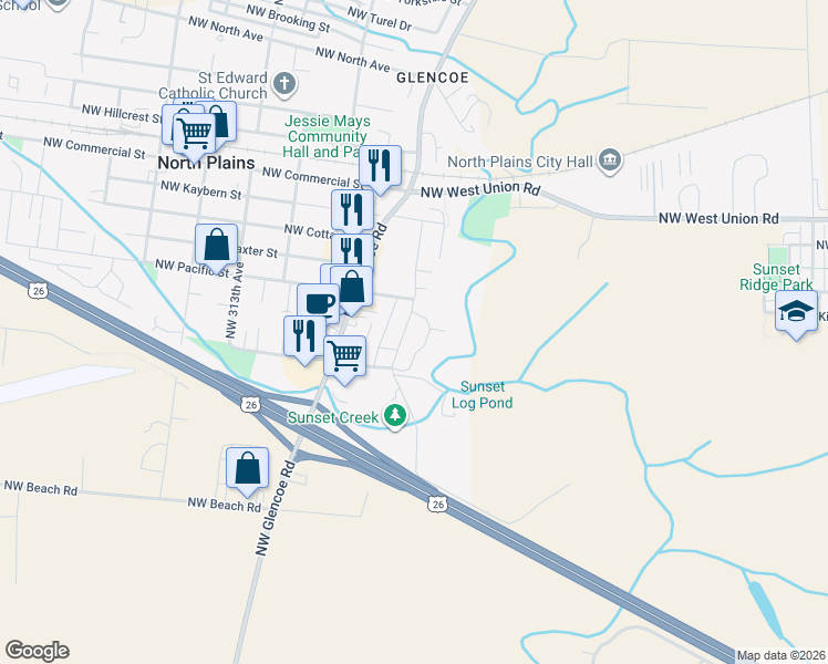 map of restaurants, bars, coffee shops, grocery stores, and more near 10034 Northwest 307th Avenue in North Plains