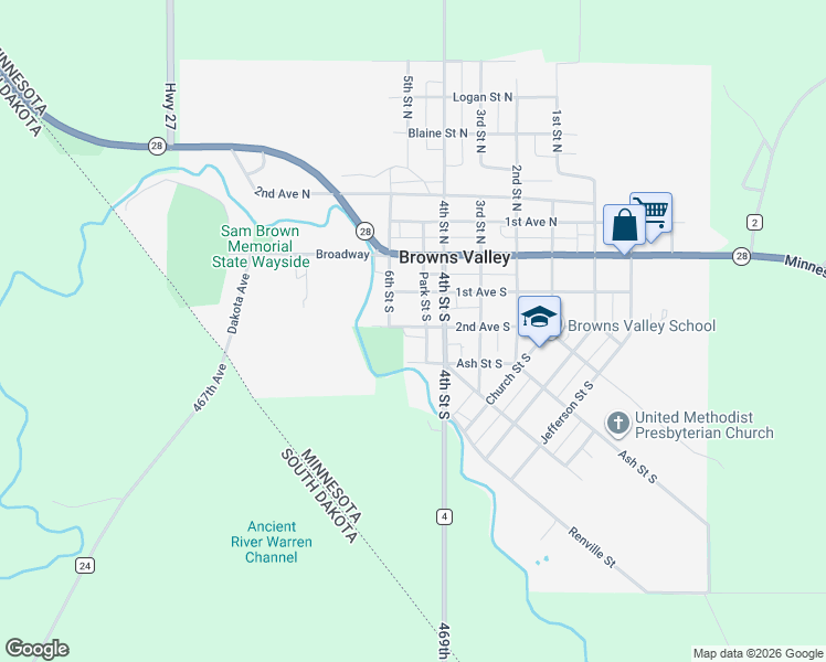 map of restaurants, bars, coffee shops, grocery stores, and more near 221 4th Street South in Browns Valley