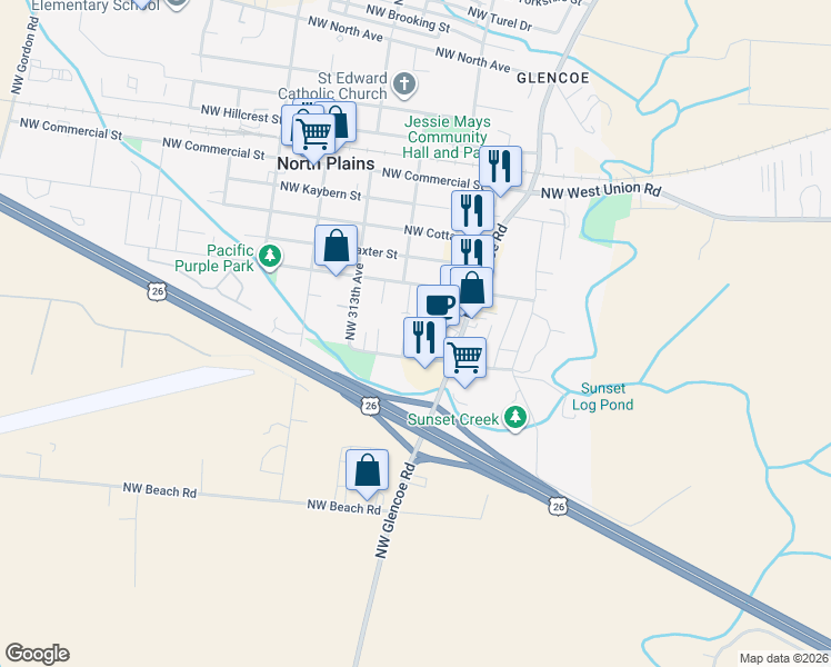 map of restaurants, bars, coffee shops, grocery stores, and more near 30945 Northwest Highland Court in North Plains