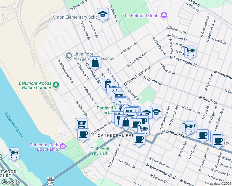 map of restaurants, bars, coffee shops, grocery stores, and more near 9011 North Lombard Street in Portland