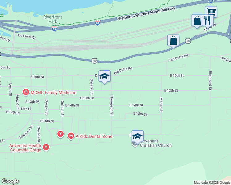 map of restaurants, bars, coffee shops, grocery stores, and more near 2410 East 12th Street in The Dalles