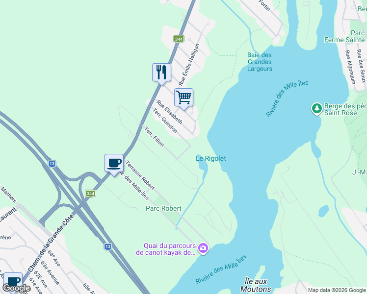 map of restaurants, bars, coffee shops, grocery stores, and more near 154 Rue Letellier in Boisbriand