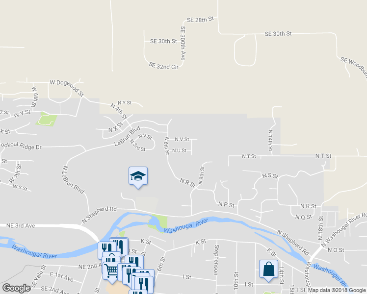 map of restaurants, bars, coffee shops, grocery stores, and more near 667 North U Street in Washougal