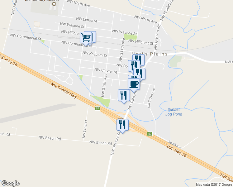 map of restaurants, bars, coffee shops, grocery stores, and more near 10061 Northwest Iron Ridge Place in North Plains