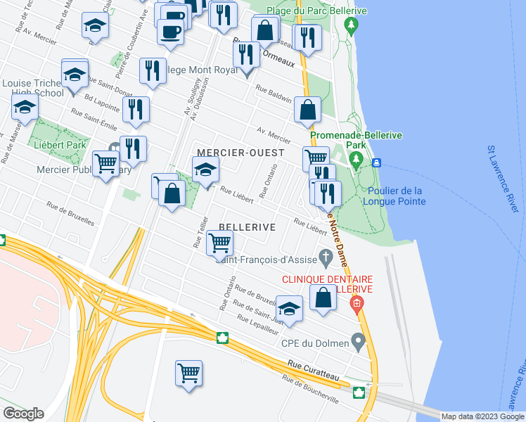 map of restaurants, bars, coffee shops, grocery stores, and more near 1940 Rue Liébert in Montréal