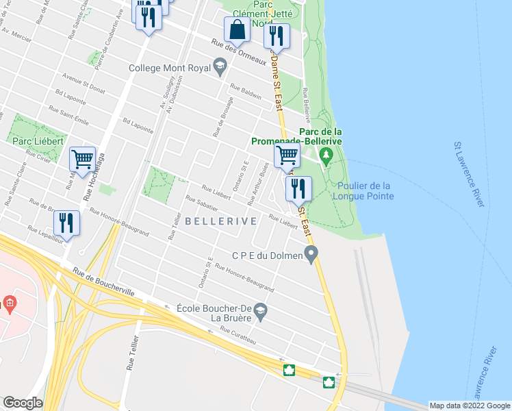 map of restaurants, bars, coffee shops, grocery stores, and more near 1869 Rue Liébert in Montréal