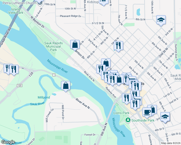 map of restaurants, bars, coffee shops, grocery stores, and more near 701 North Benton Drive in Sauk Rapids