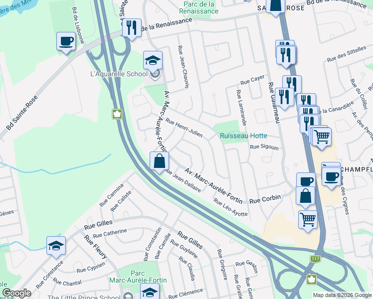 map of restaurants, bars, coffee shops, grocery stores, and more near 6805 Rue Rodolphe-Duguay in Laval