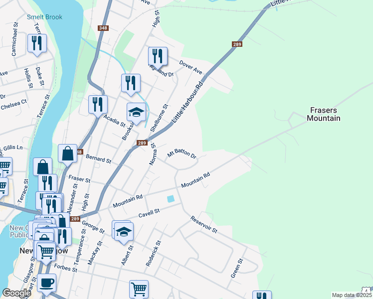 map of restaurants, bars, coffee shops, grocery stores, and more near 82 Sierra Drive in New Glasgow