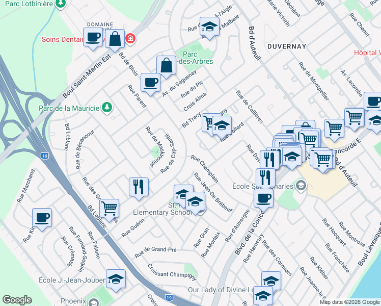 map of restaurants, bars, coffee shops, grocery stores, and more near 2440 Boulevard de Blois in Laval