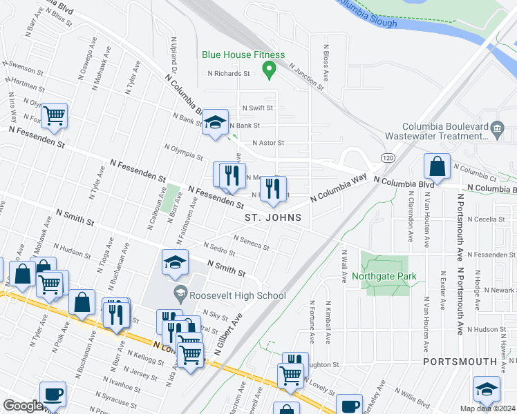 map of restaurants, bars, coffee shops, grocery stores, and more near 6827 North Powers Street in Portland