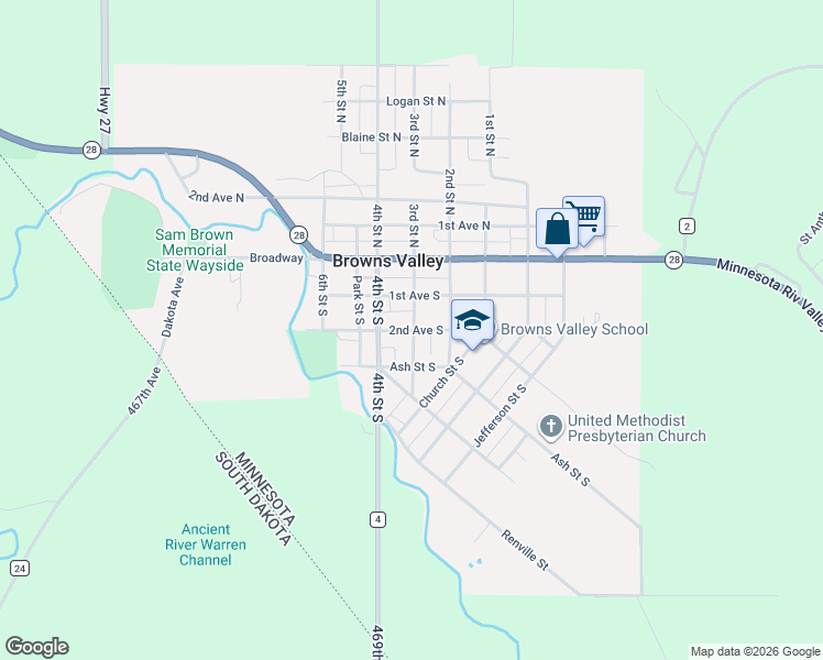 map of restaurants, bars, coffee shops, grocery stores, and more near 317 2nd Avenue South in Browns Valley