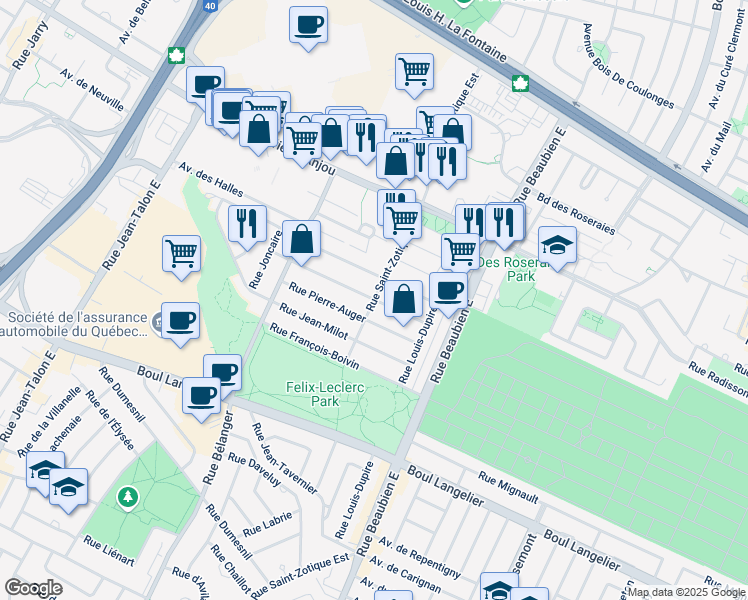 map of restaurants, bars, coffee shops, grocery stores, and more near Rue Étienne Bouchard in Montréal