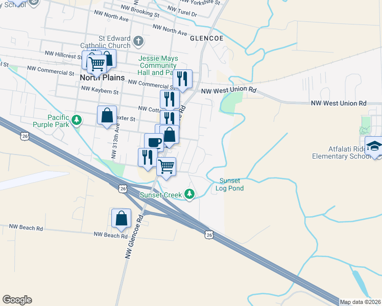 map of restaurants, bars, coffee shops, grocery stores, and more near 10095 Northwest 307th Avenue in North Plains