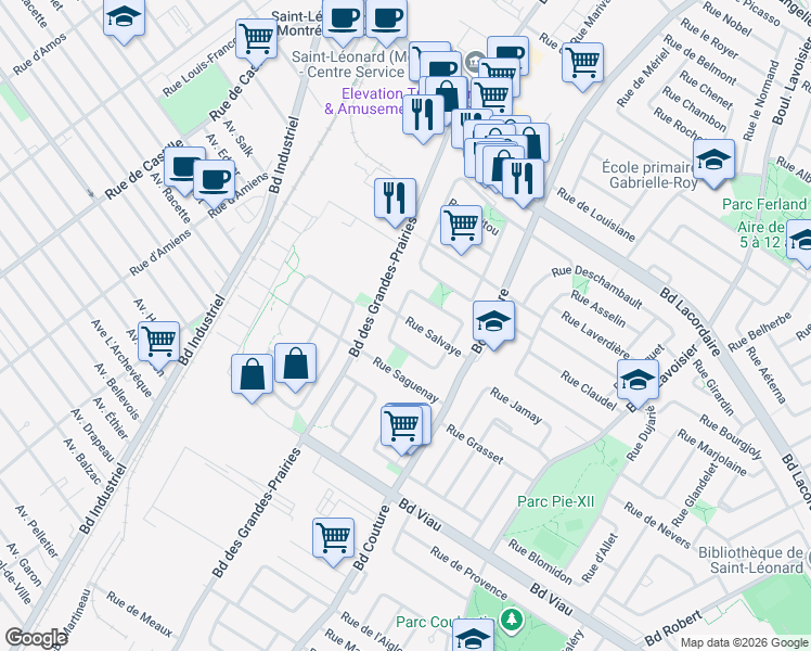 map of restaurants, bars, coffee shops, grocery stores, and more near 9270 Rue Salvaye in Montréal