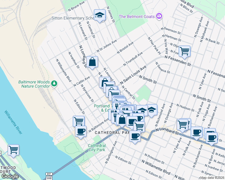 map of restaurants, bars, coffee shops, grocery stores, and more near 9139 North Kellogg Street in Portland