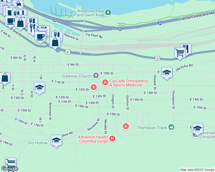 map of restaurants, bars, coffee shops, grocery stores, and more near 1719 East 11th Street in The Dalles