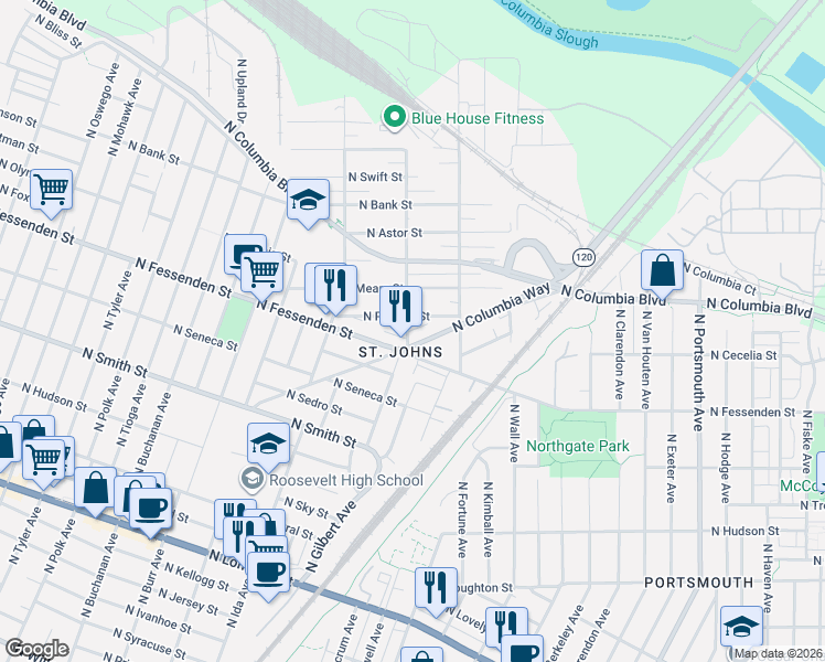 map of restaurants, bars, coffee shops, grocery stores, and more near 6645 North Powers Street in Portland