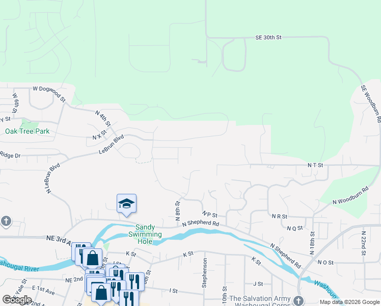 map of restaurants, bars, coffee shops, grocery stores, and more near 760 North V Street in Washougal