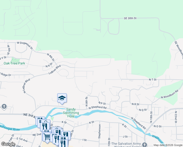 map of restaurants, bars, coffee shops, grocery stores, and more near 760 North V Street in Washougal