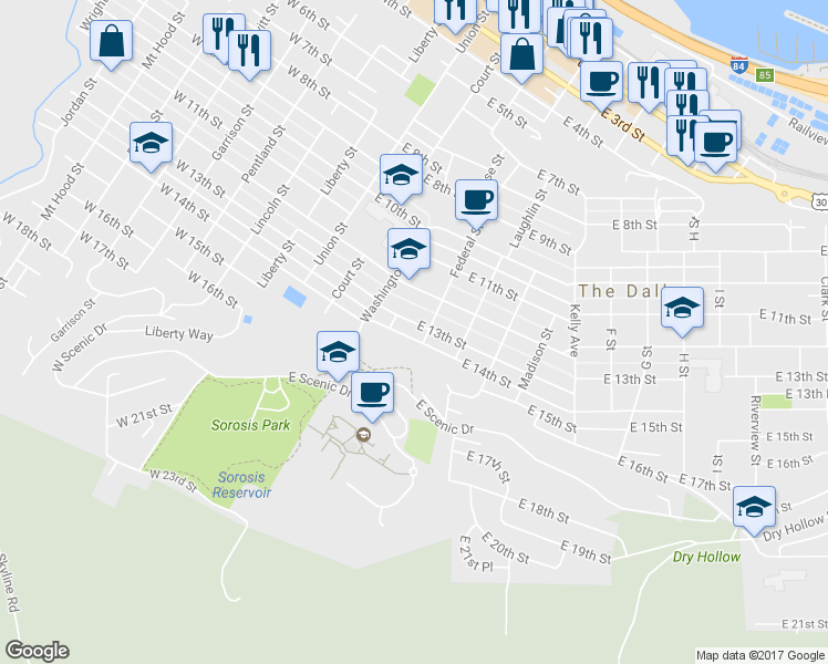 map of restaurants, bars, coffee shops, grocery stores, and more near 318 East 13th Street in The Dalles