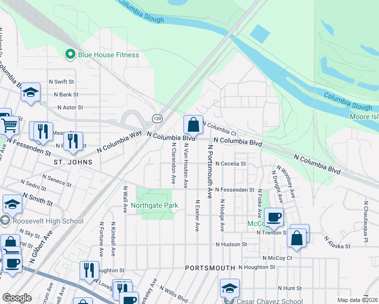 map of restaurants, bars, coffee shops, grocery stores, and more near 9740 North Van Houten Avenue in Portland