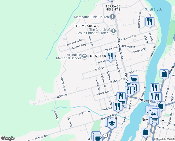 map of restaurants, bars, coffee shops, grocery stores, and more near 499 Birch Street in New Glasgow
