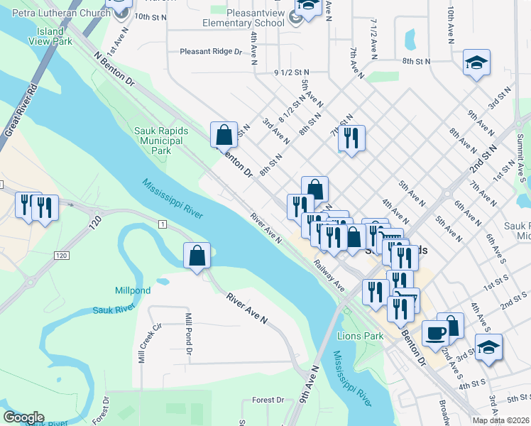 map of restaurants, bars, coffee shops, grocery stores, and more near 24 7th Street North in Sauk Rapids
