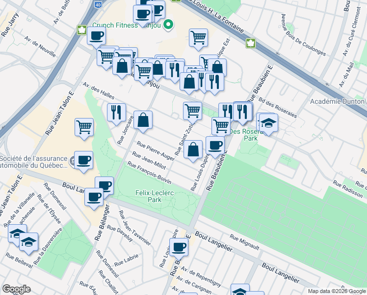 map of restaurants, bars, coffee shops, grocery stores, and more near 7024 Rue Saint-Zotique Est in Montréal