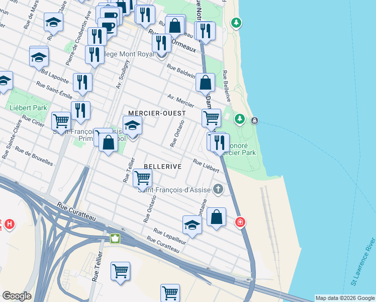 map of restaurants, bars, coffee shops, grocery stores, and more near 8216 Rue Arthur-Buies in Montrã©Al