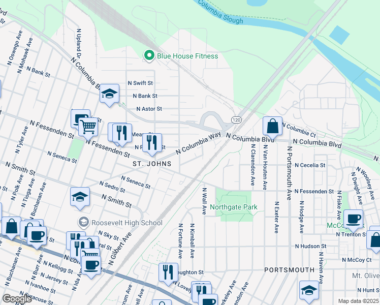 map of restaurants, bars, coffee shops, grocery stores, and more near 6265 North Columbia Way in Portland
