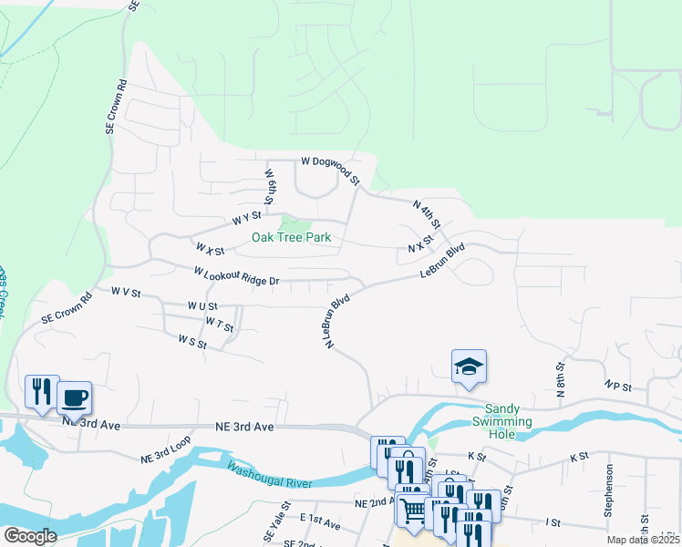 map of restaurants, bars, coffee shops, grocery stores, and more near 147 West Lookout Ridge Drive in Washougal