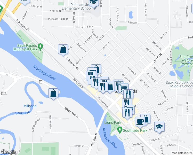 map of restaurants, bars, coffee shops, grocery stores, and more near 521 2nd Avenue North in Sauk Rapids