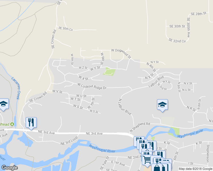 map of restaurants, bars, coffee shops, grocery stores, and more near 569 West Lookout Ridge Drive in Washougal