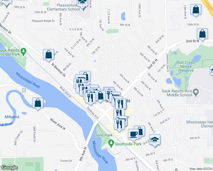 map of restaurants, bars, coffee shops, grocery stores, and more near 314 3rd Avenue North in Sauk Rapids